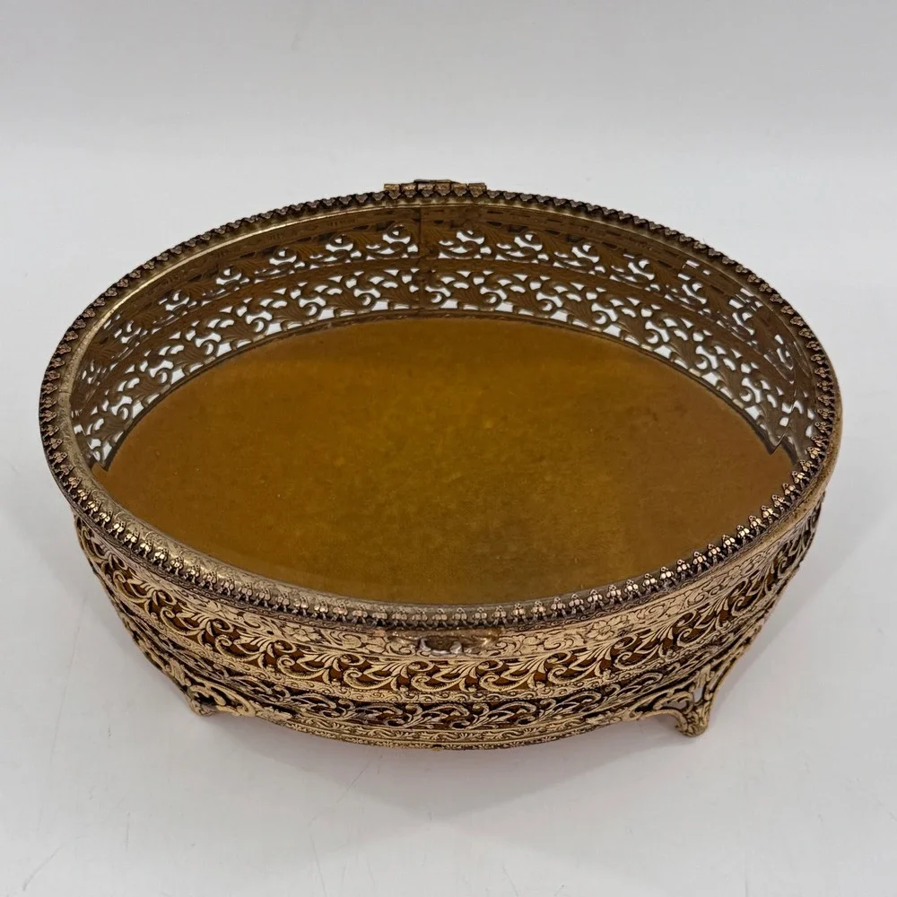 Vintage Ormolu Filigree Jewelry Casket Glass Vanity Box Hollywood Regency